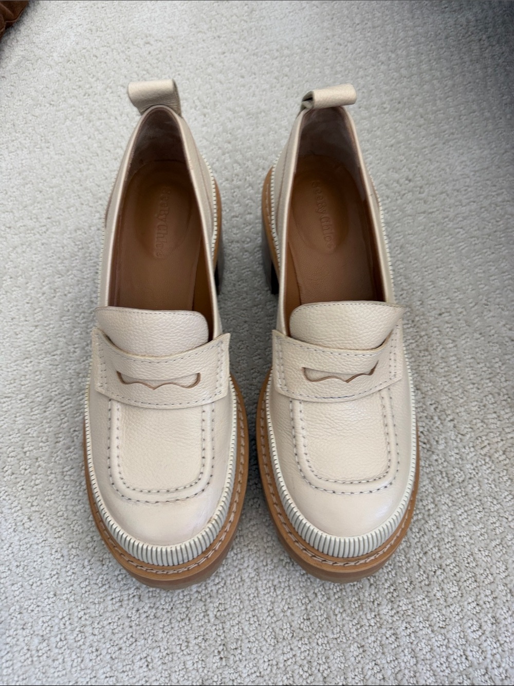 See By Chloé Cream Leather Platform Loafers